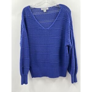 Tommy Bahama Women’s Long Sleeve Channel Isle V Neck Cotton Sweater Blue Medium